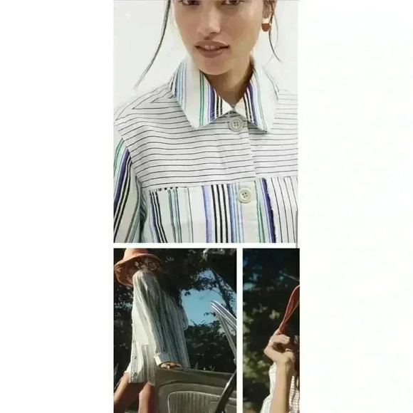 Anthropologie Maeve Oversize Denim Shirt S Shacket Jacket Boho Patchwork Stripe - Picture 6 of 14